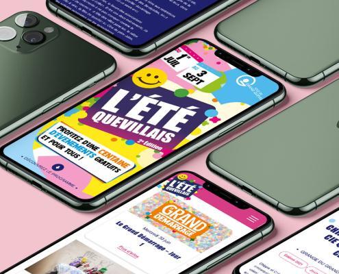 Mockup de plusieurs écran au format mobile du site l'été quevillais